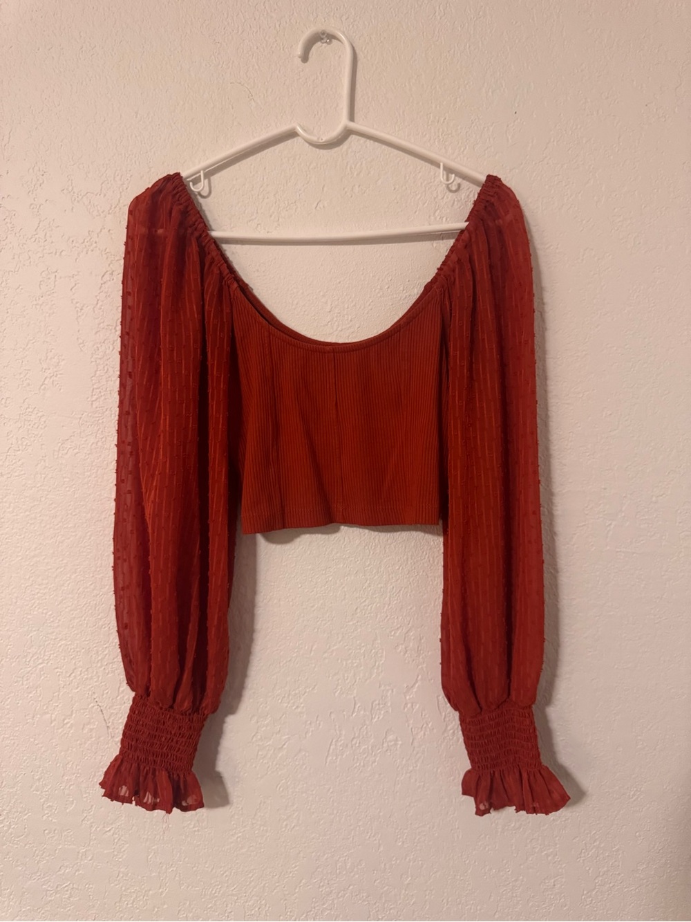 Women’s Rust Red Off-Shoulder Smocked Cuff Crop Blouse